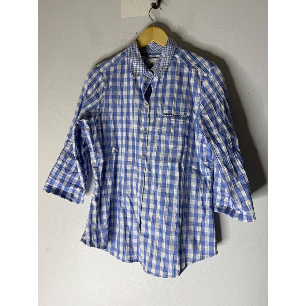 Foxcroft blue white gingham check collar 3/4 sleeve button down 10